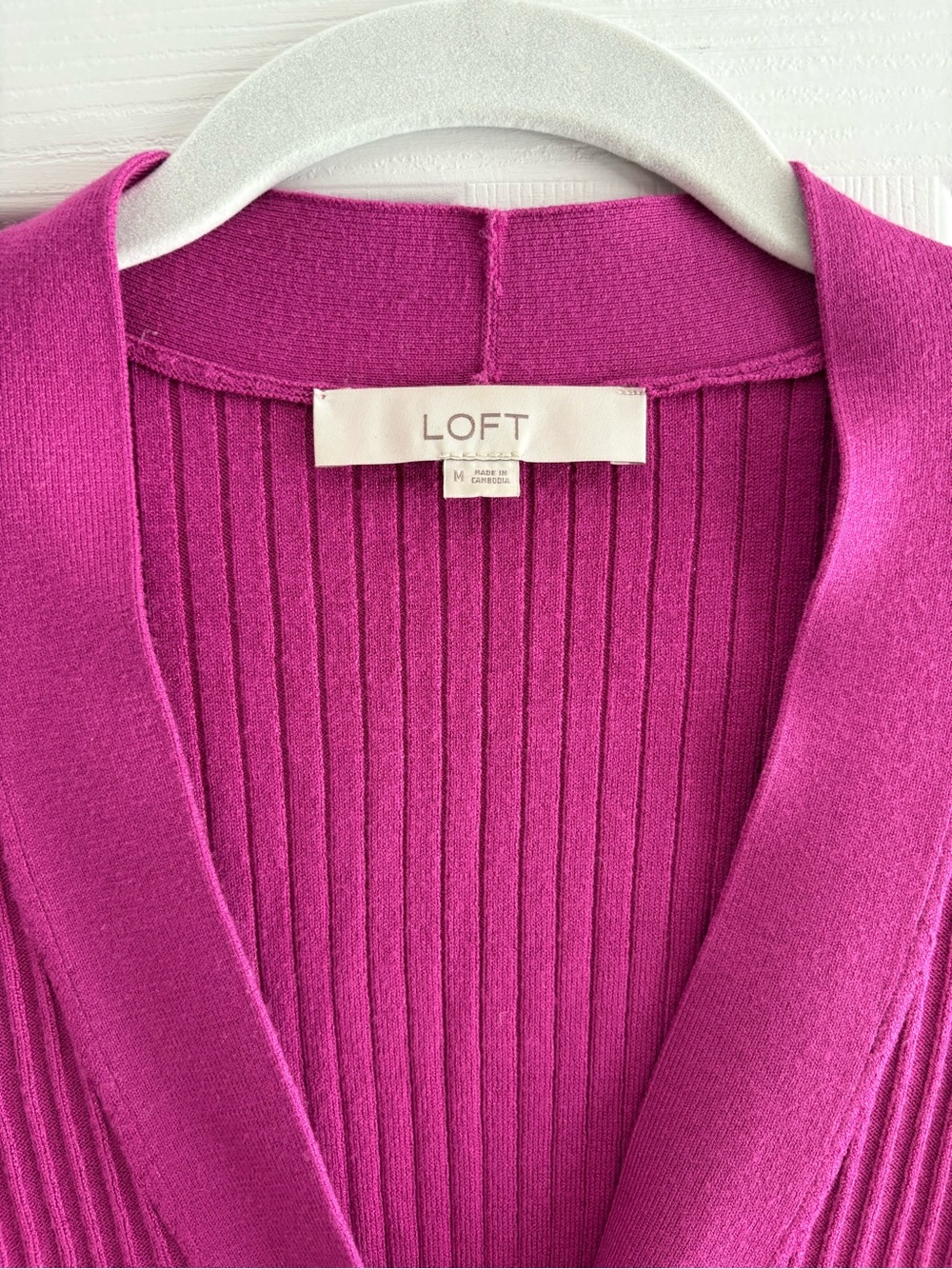 LOFT Ribbed V-Neck Button Cardigan in Magenta